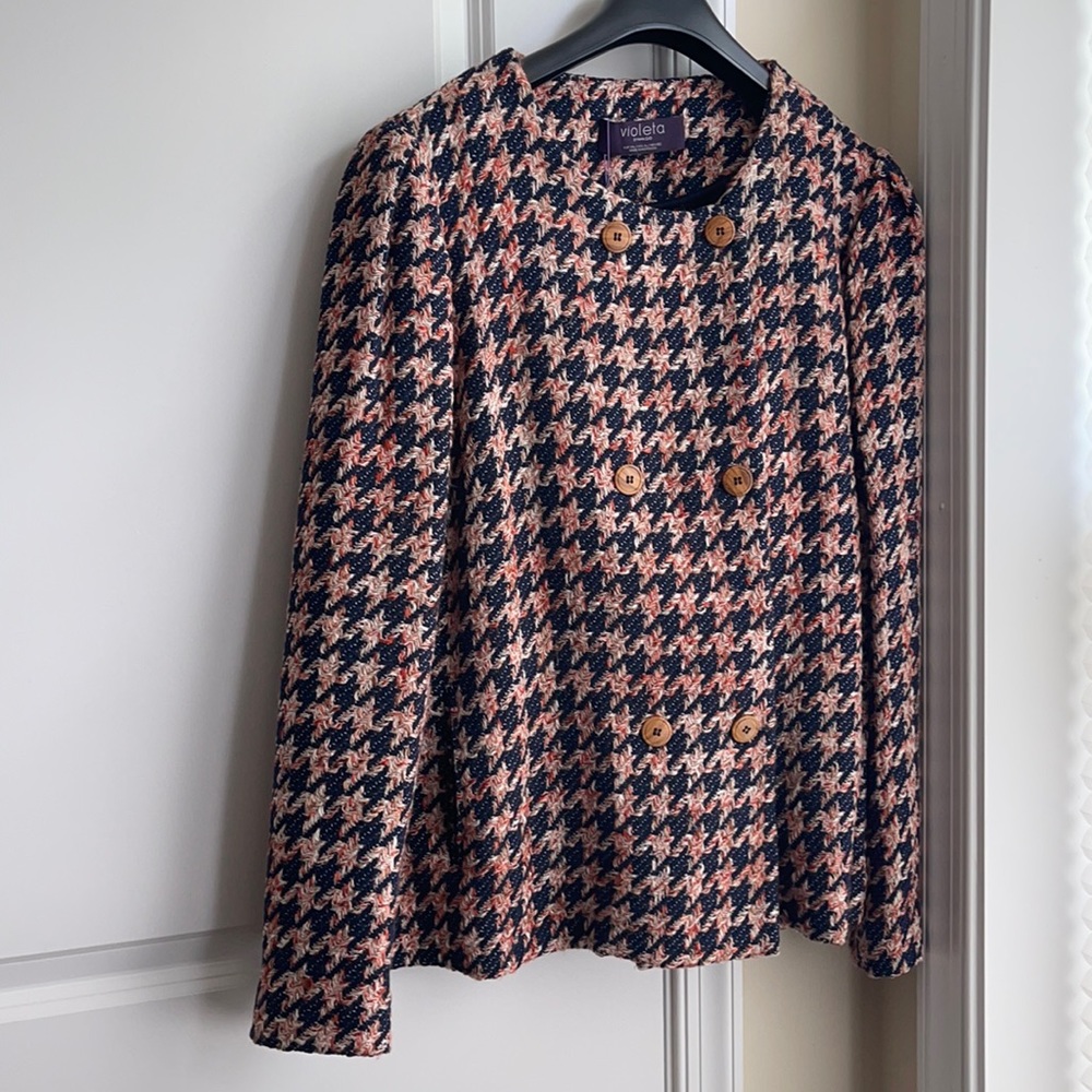 Violeta by Mango Pink & navy houndstooth blazer